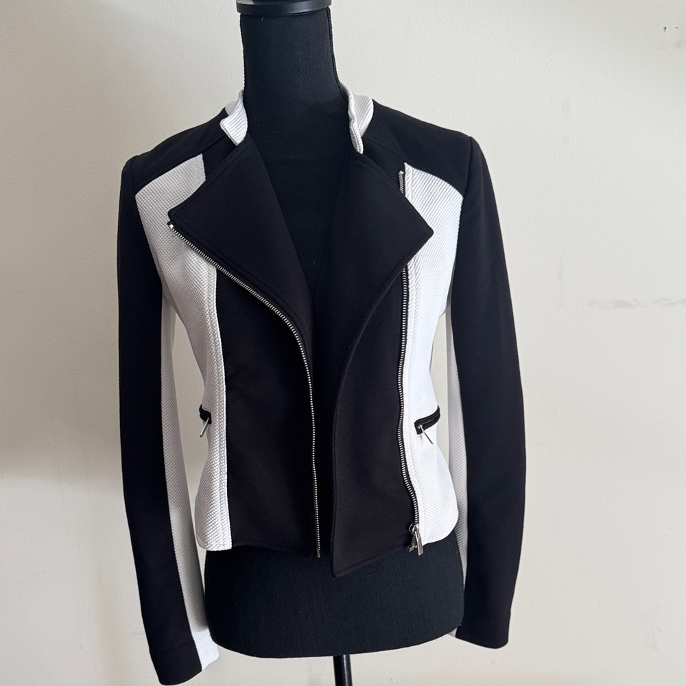 Women's Black & White Structured Moto Blazer